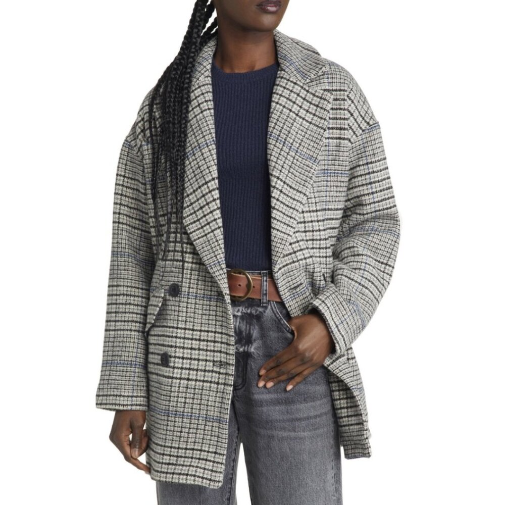 Nordstrom Treasure & Bond Plaid Double Breasted Heavyweight Plaid Coat Gray XS